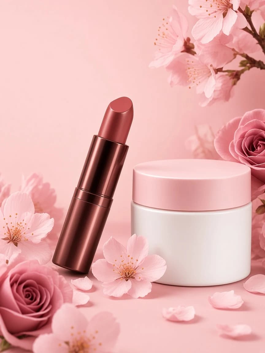 Rouge à lèvres et crème entourés de fleurs