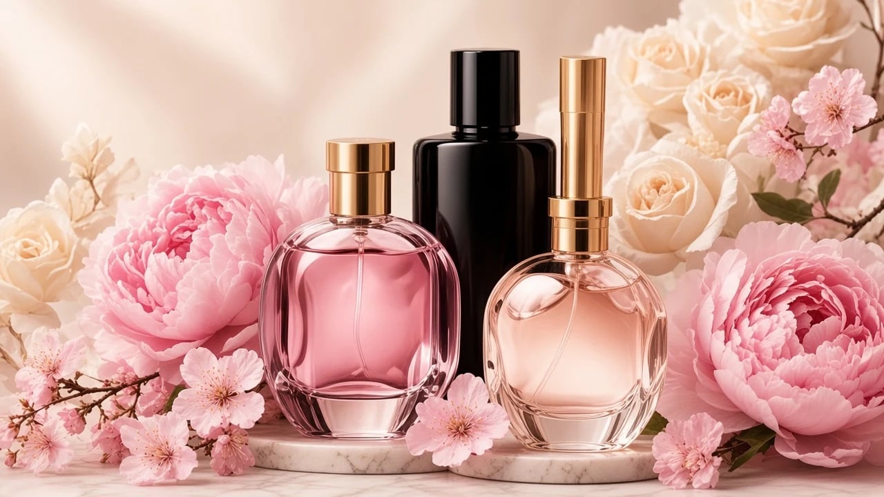 Flacons de parfum et fleurs