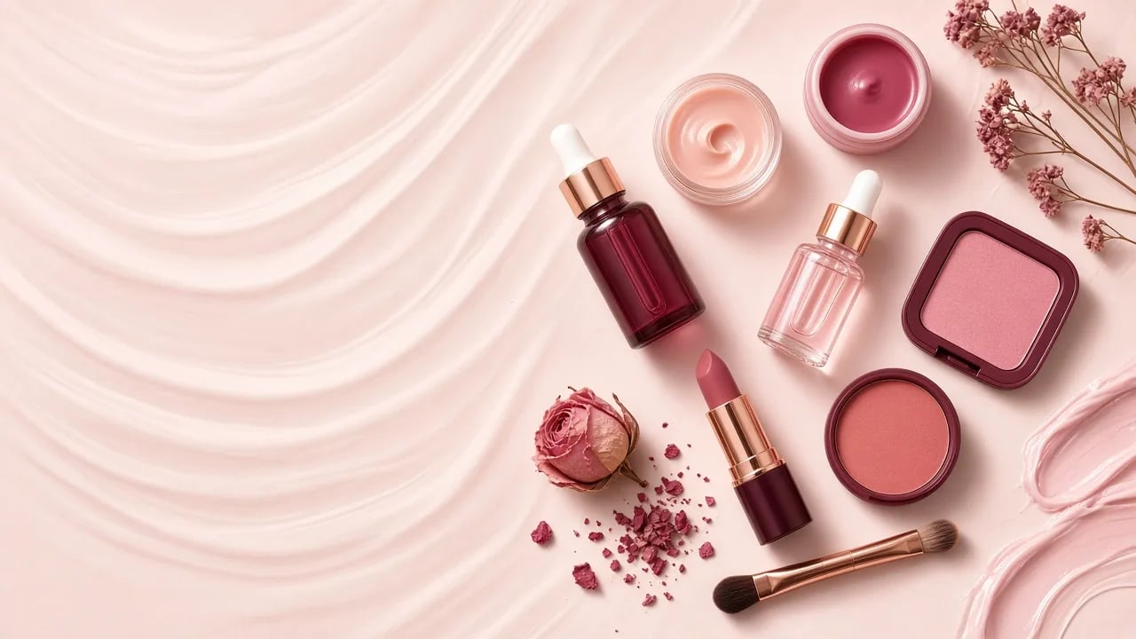Flat lay de crèmes, sérums et accessoires cosmétiques