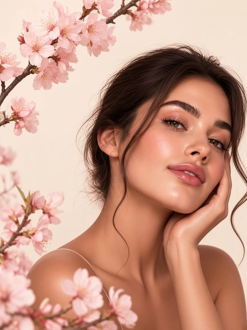 Portrait beauté entouré de fleurs de cerisier
